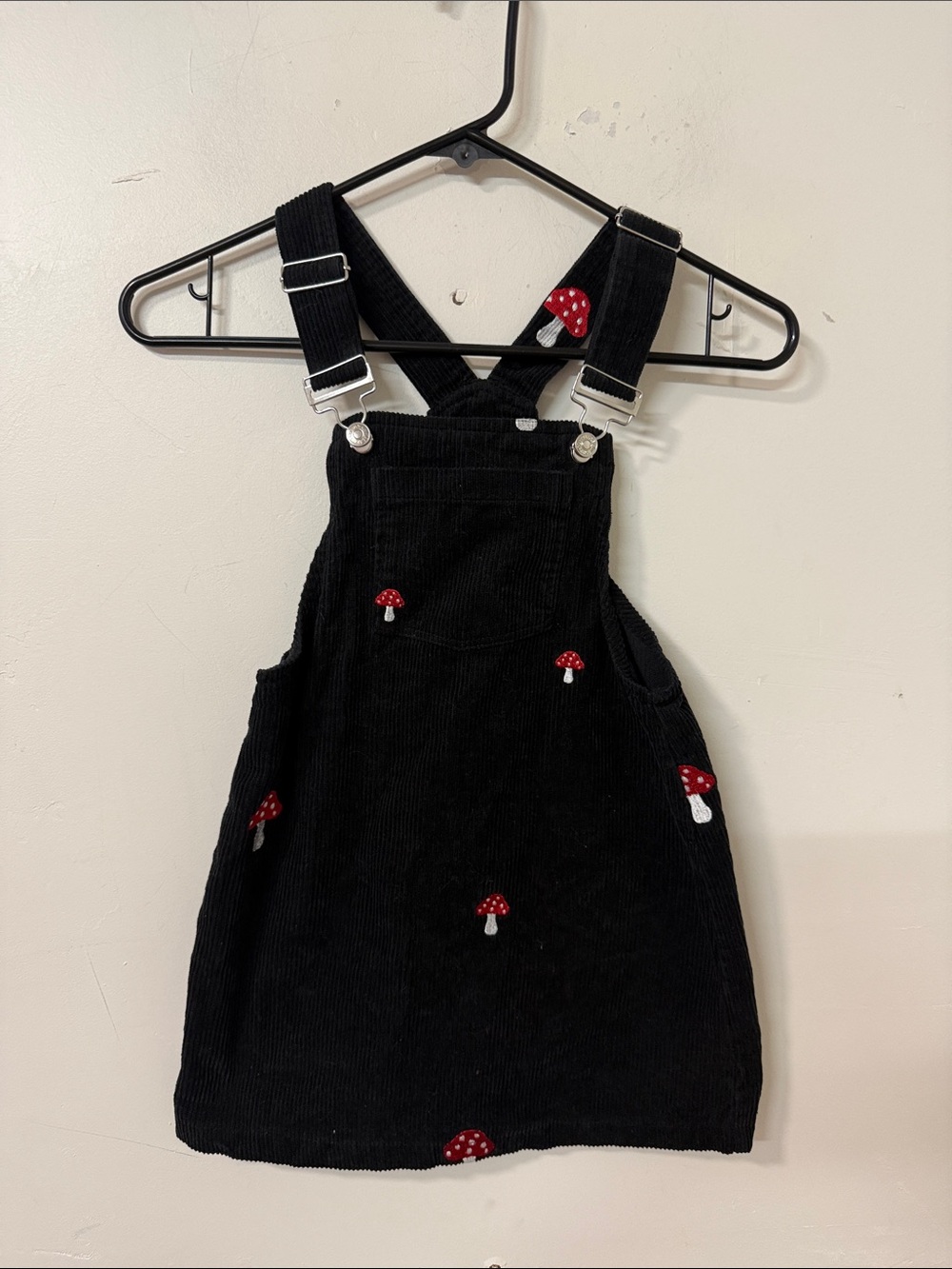 Black Corduroy Kids Pinafore Dress with Red Mushroom Embroidery